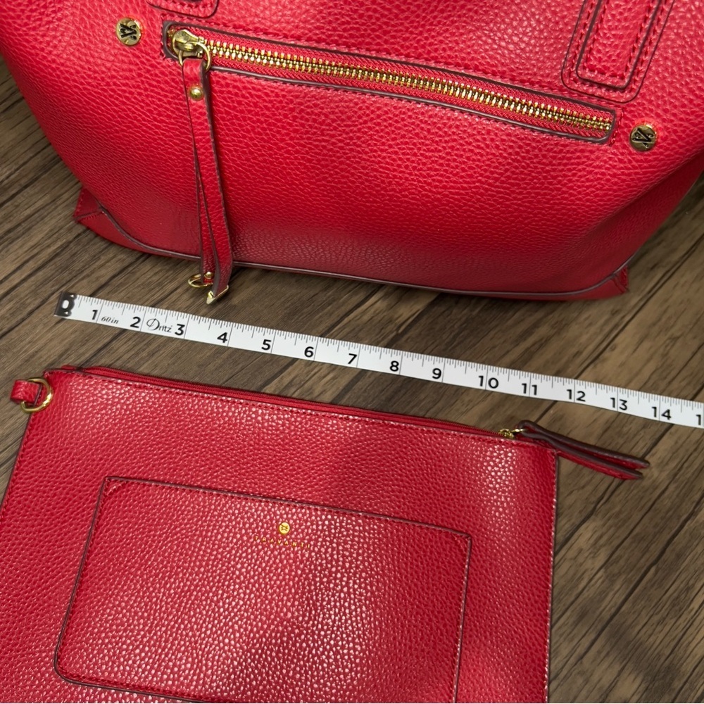 Travanti Women's Red Vegan Leather Detachable Zippered Pouch Tote Satchel - Picture 4 of 9
